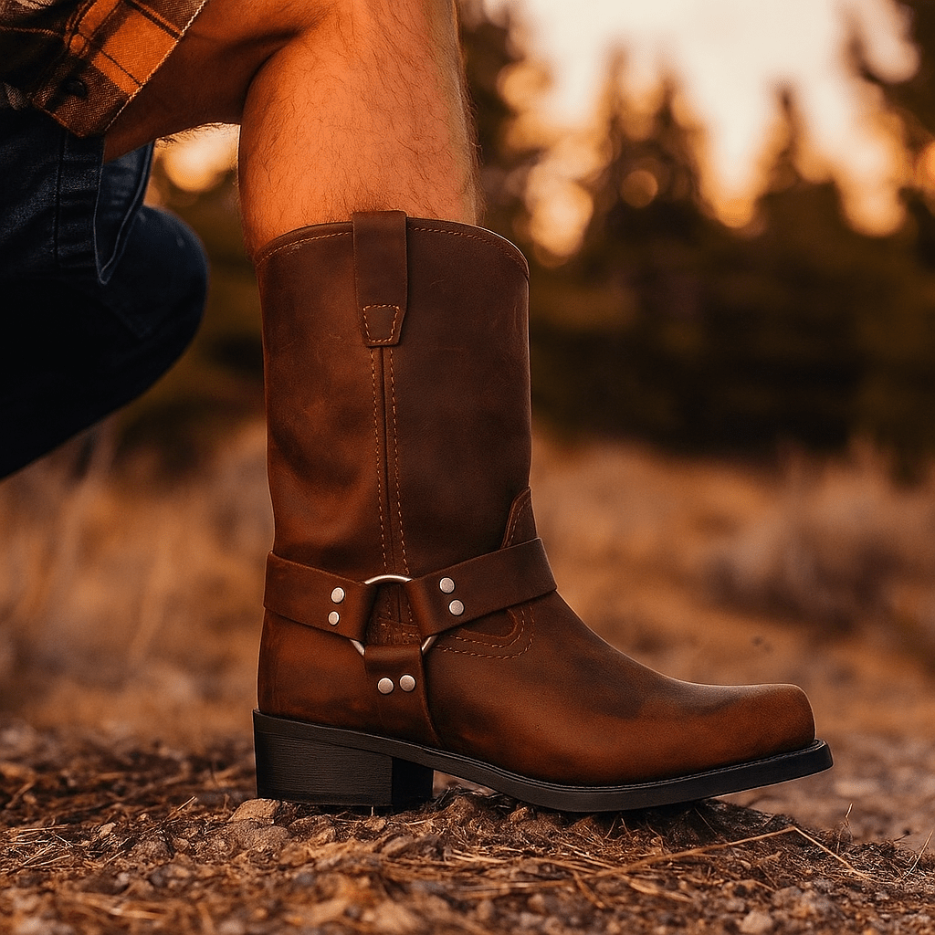 Kobiece Botki do Łydki – Skórzany Harnisk – Klamra i Nity - vivano - warszawa