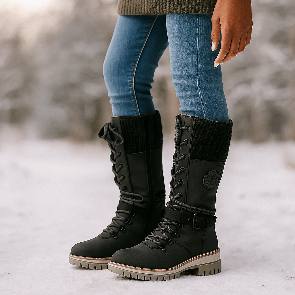 Kobiece Botki do Łydki - Skórzany Wygląd - Sznurowadła i Zamek - Antypoślizgowa Podeszwa - vivano - warszawa