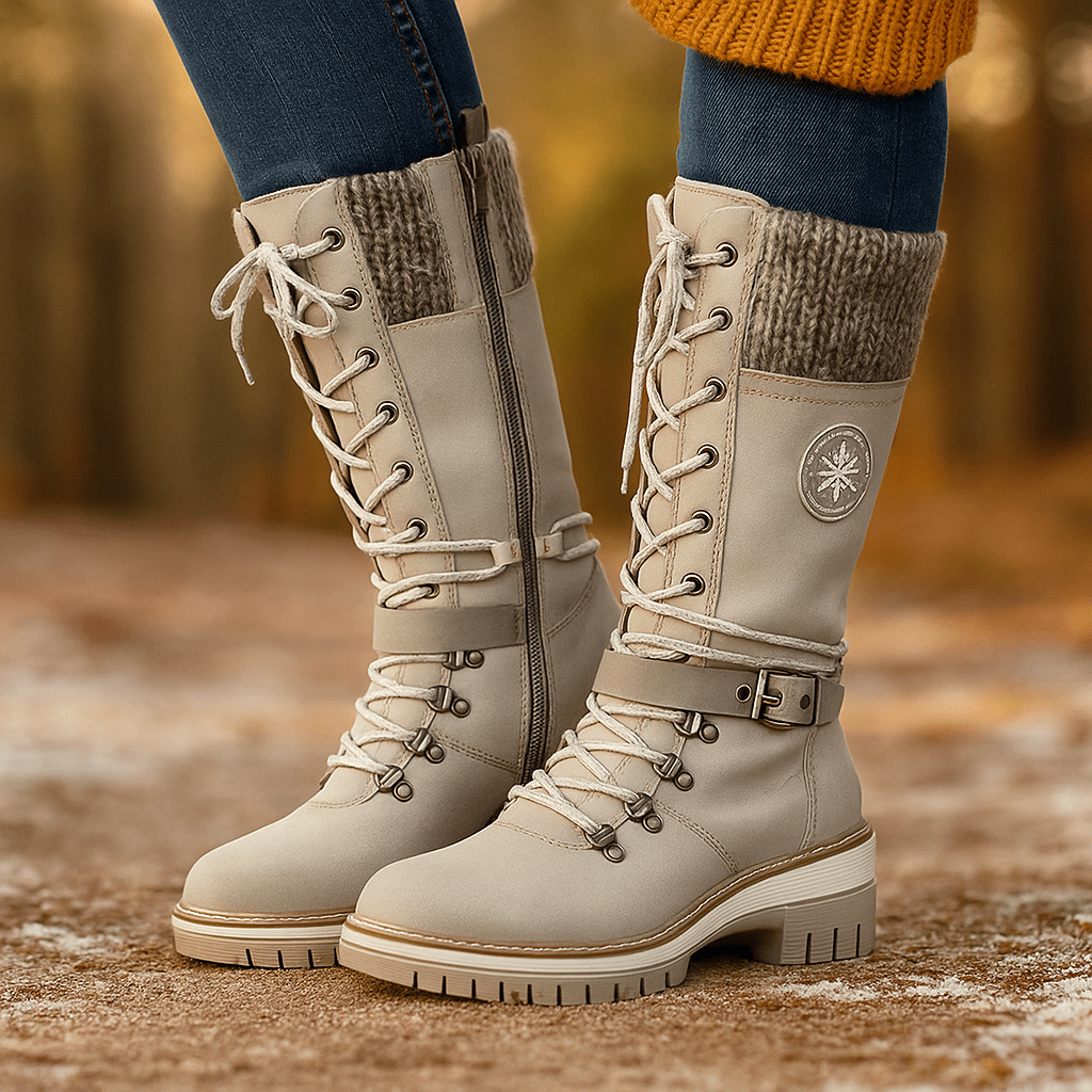 Kobiece Botki do Łydki - Skórzany Wygląd - Sznurowadła i Zamek - Antypoślizgowa Podeszwa - vivano - warszawa