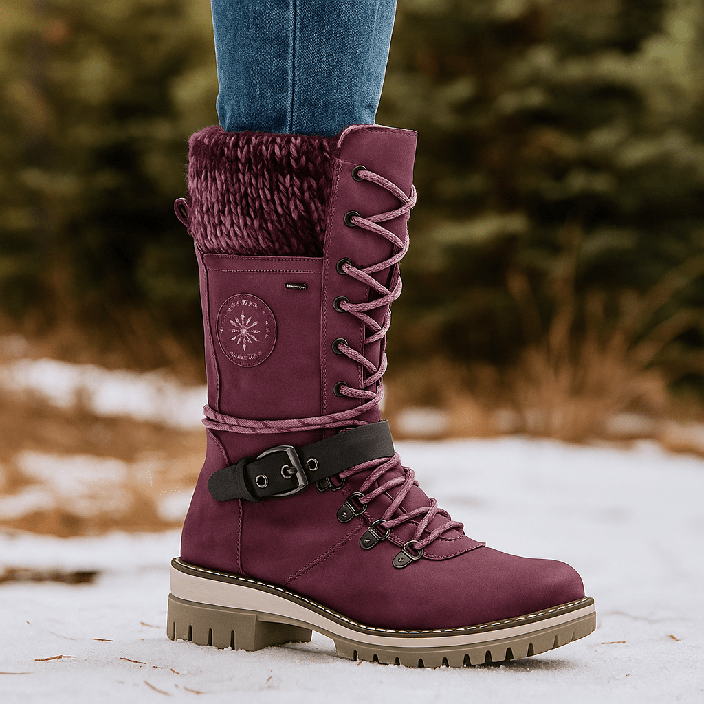 Kobiece Botki do Łydki - Skórzany Wygląd - Sznurowadła i Zamek - Antypoślizgowa Podeszwa - vivano - warszawa