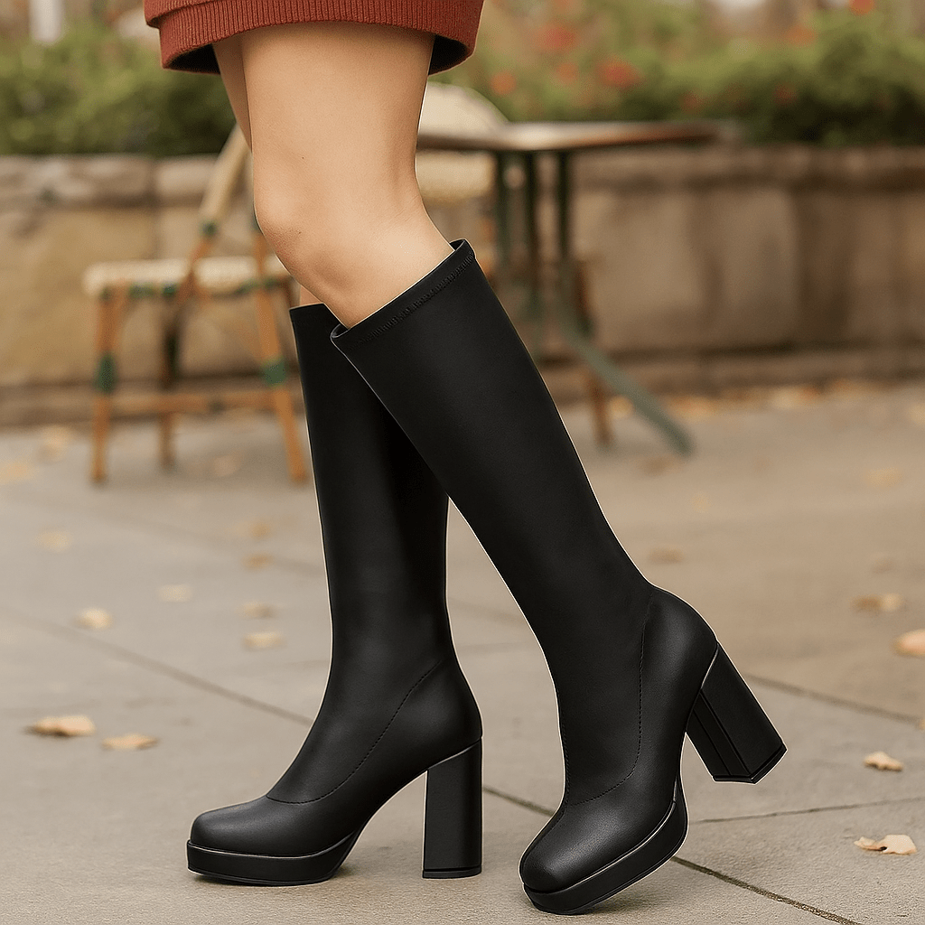 Kobiece Botki Przez Kolano - Chunky Obcas - Platforma - Polerowana Forma - vivano - warszawa