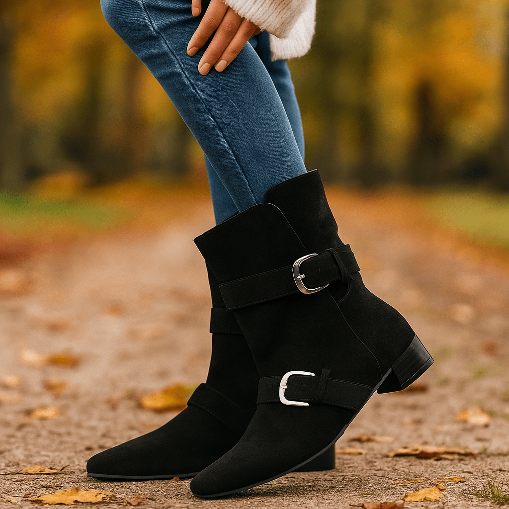 Kobiece Botki - Zamsz - Szpiczasty Nosek - Pasek Zapięcia - Niski Obcas - vivano - warszawa