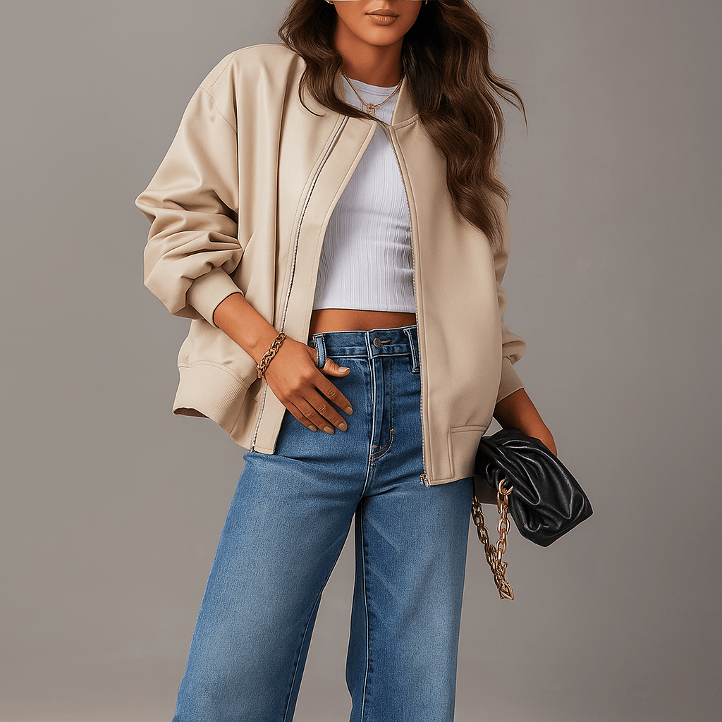 Kobiece Oversized Skórzane Kurtki - Zamek Błyskawiczny - Żebrowany Brzeg - Długość w Biodrach - vivano - warszawa