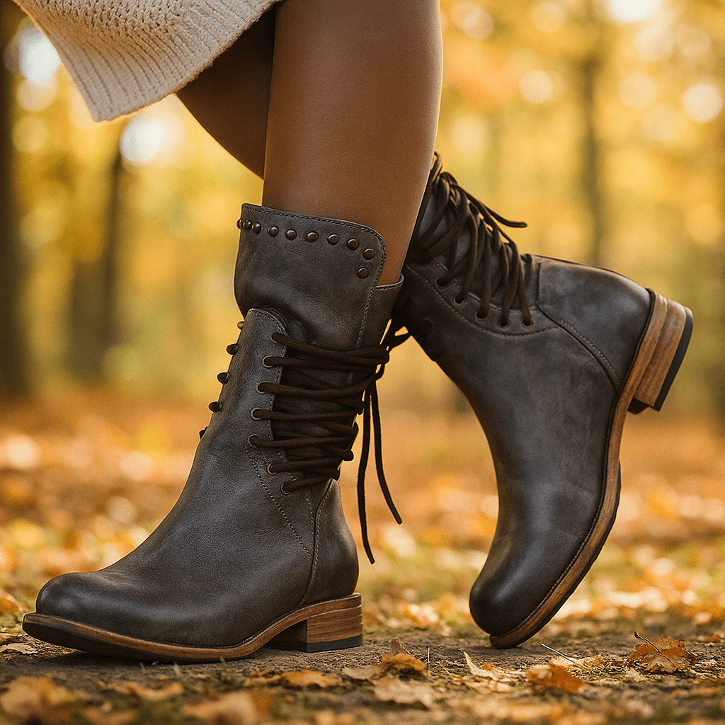 Kobiece Skórzane Botki Mid - cyfrowe – Sznurowane – Metalowe Nity – Niski Obcas - vivano - warszawa