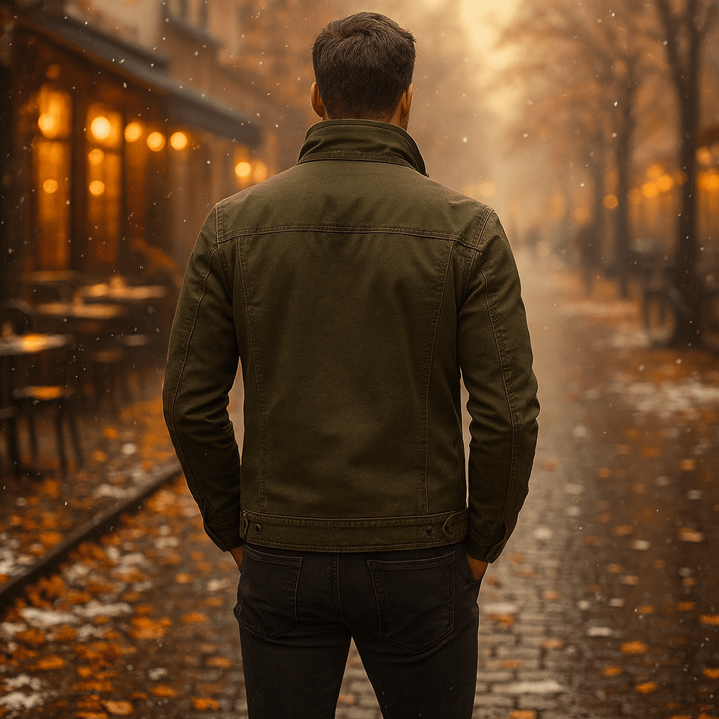 Męska Kurtka w Militarnym Stylu ze Stojącym Kołnierzem