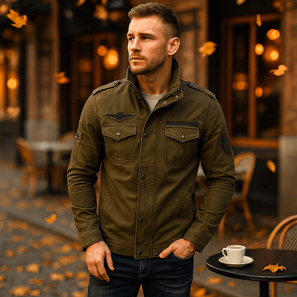 Męska Kurtka w Militarnym Stylu ze Stojącym Kołnierzem