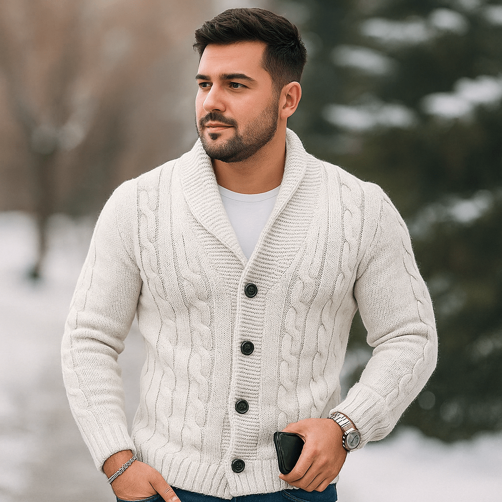 Męski Kardigan z Warkoczem - Wełniana Mieszanka - Kołnierz na Ramionach - Guziki - vivano - warszawa