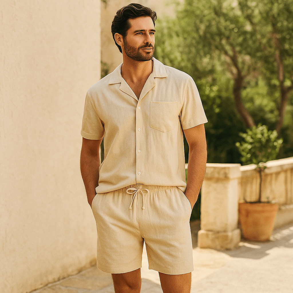 Męski lniany zestaw na lato - casualowy - koszula i spodnie - vivano - warszawa