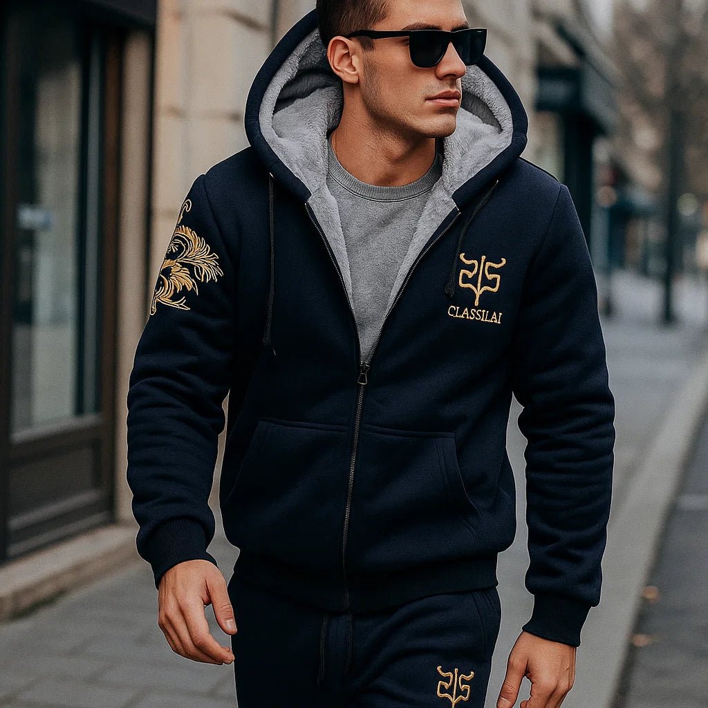 Męski ocieplany komplet dresowy - haftowane detale