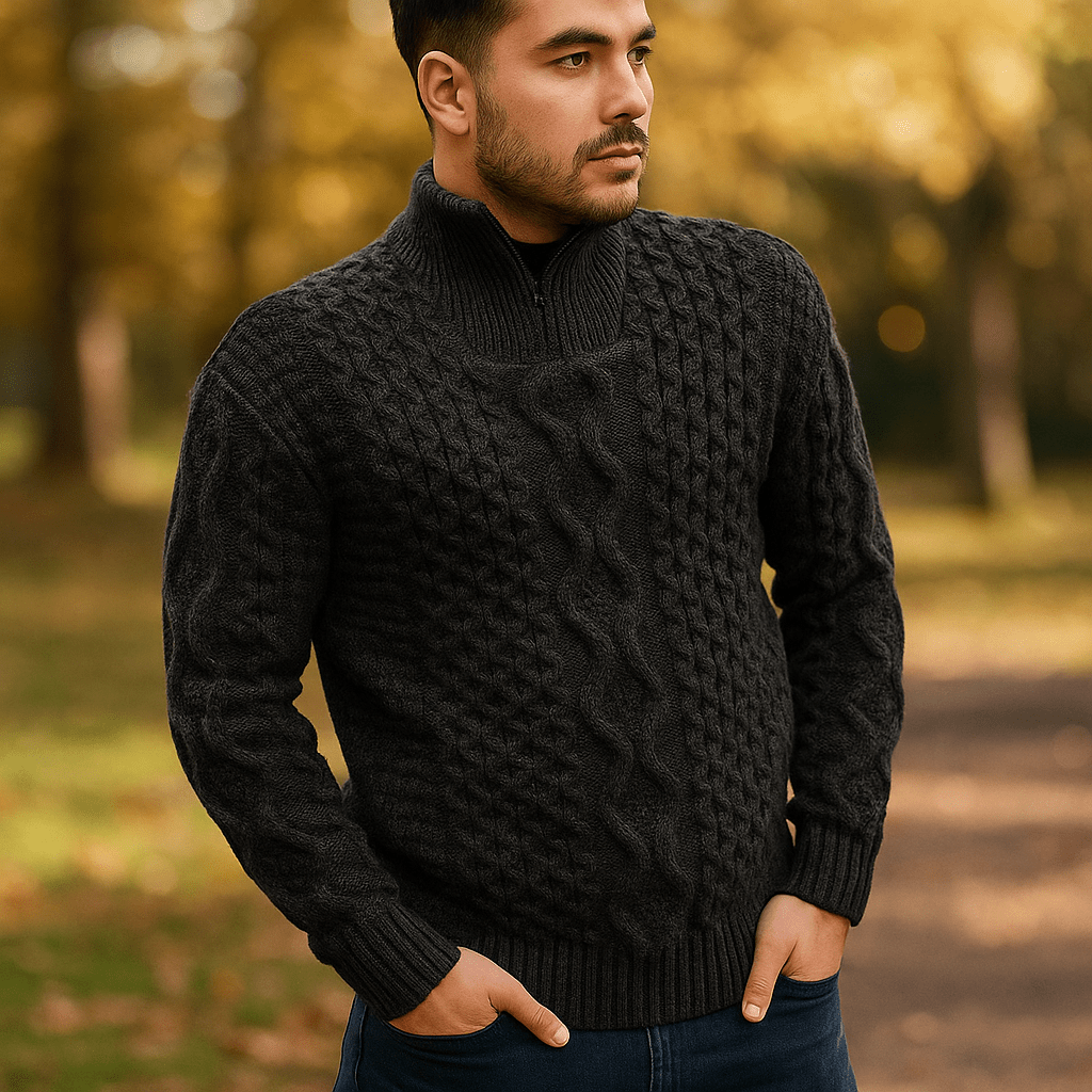 Męski Sweter Kabelstryk – Wysoka Szyja – Zamek – Prążkowane Rękawy - vivano - warszawa