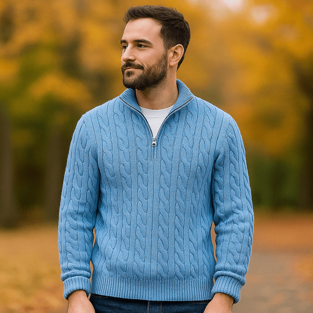 Męski Sweter Kabelstryk - Zamek 1/4 - Żebrowany Kołnierz i Manżety - Ciepły i Stylowy - vivano - warszawa