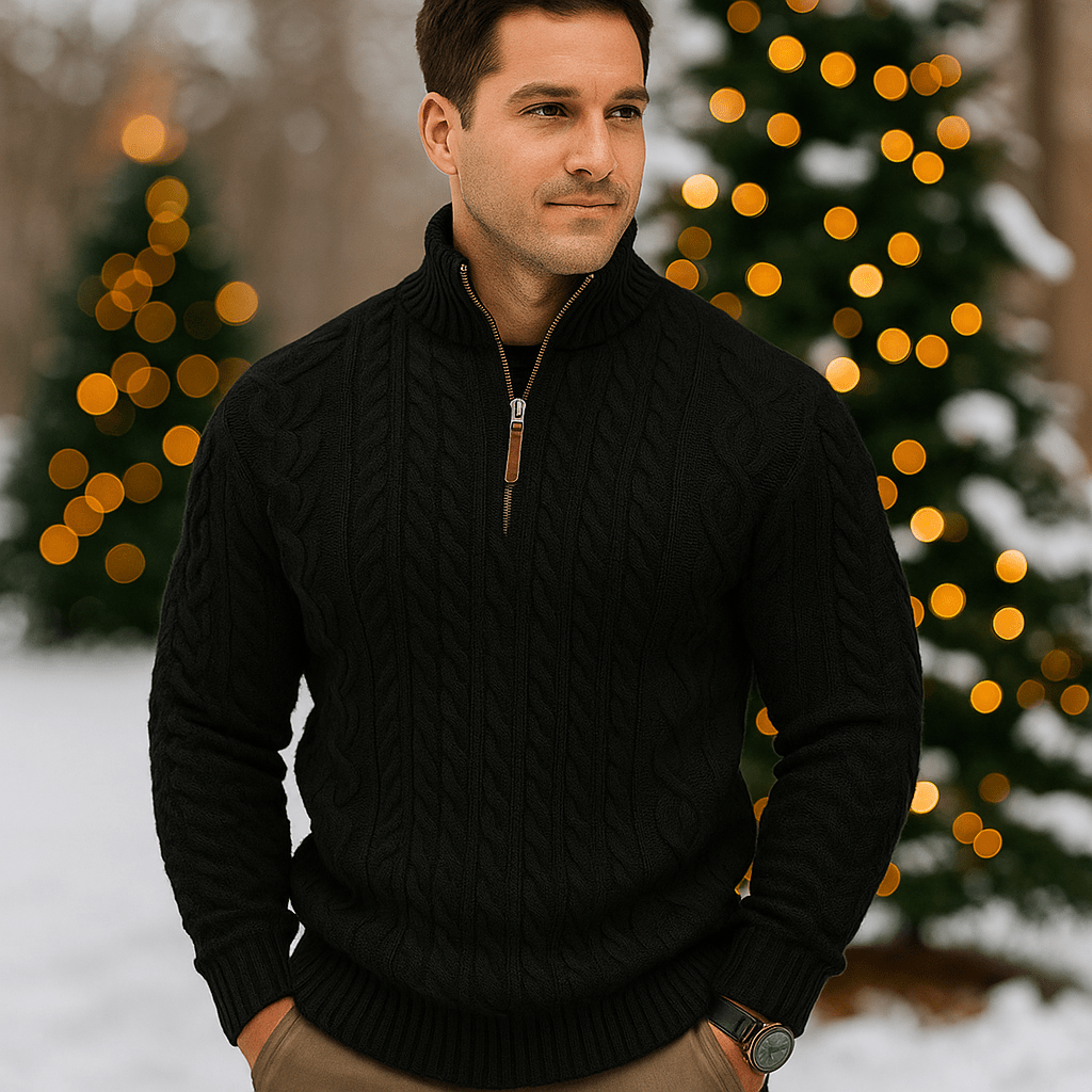 Męski Sweter w Warkocze - Pół Zamek - Wysoki Kołnierz - Ciepły Komfort - vivano - warszawa