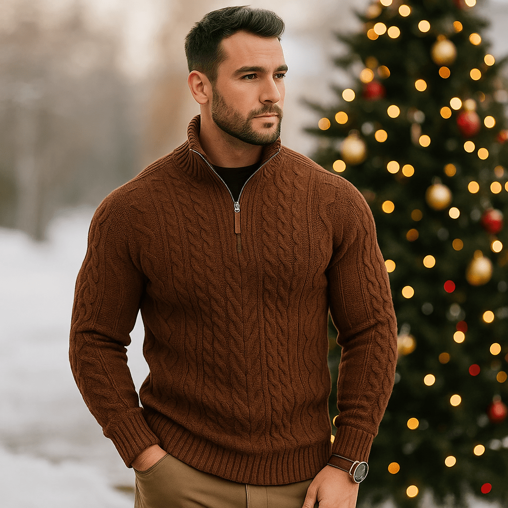 Męski Sweter w Warkocze - Pół Zamek - Wysoki Kołnierz - Ciepły Komfort - vivano - warszawa