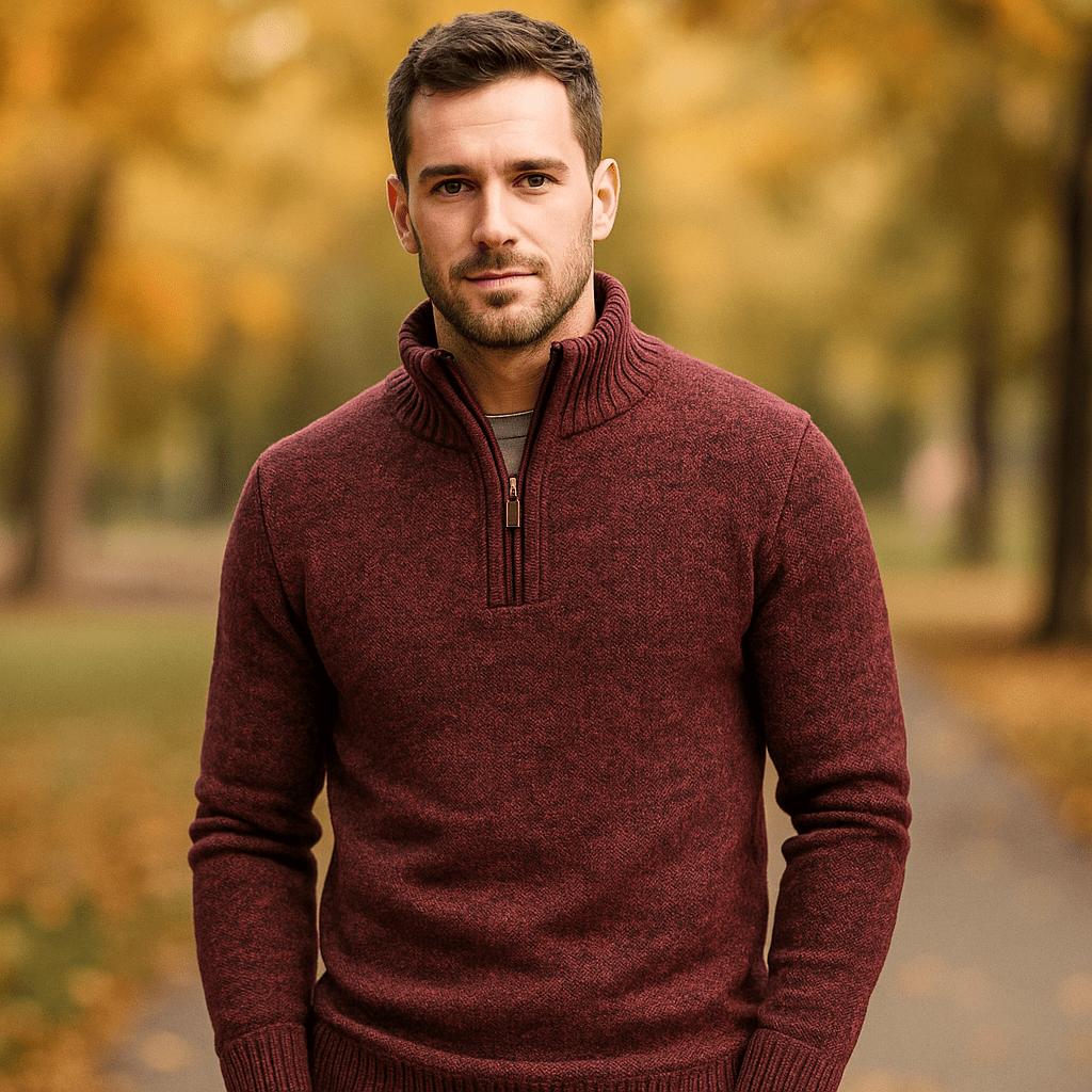 Męski Sweter Wełniany - Mieszanka Wełny - Kwart Zip - Żebrowany Kołnierz - vivano - warszawa