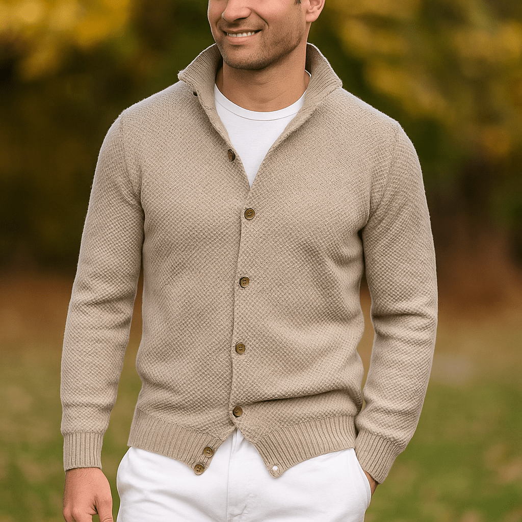 Męski Sweter Wełniany – Slim Fit – Kołnierz na Ramionach – Guziki – Żebrowany Brzeg - vivano - warszawa