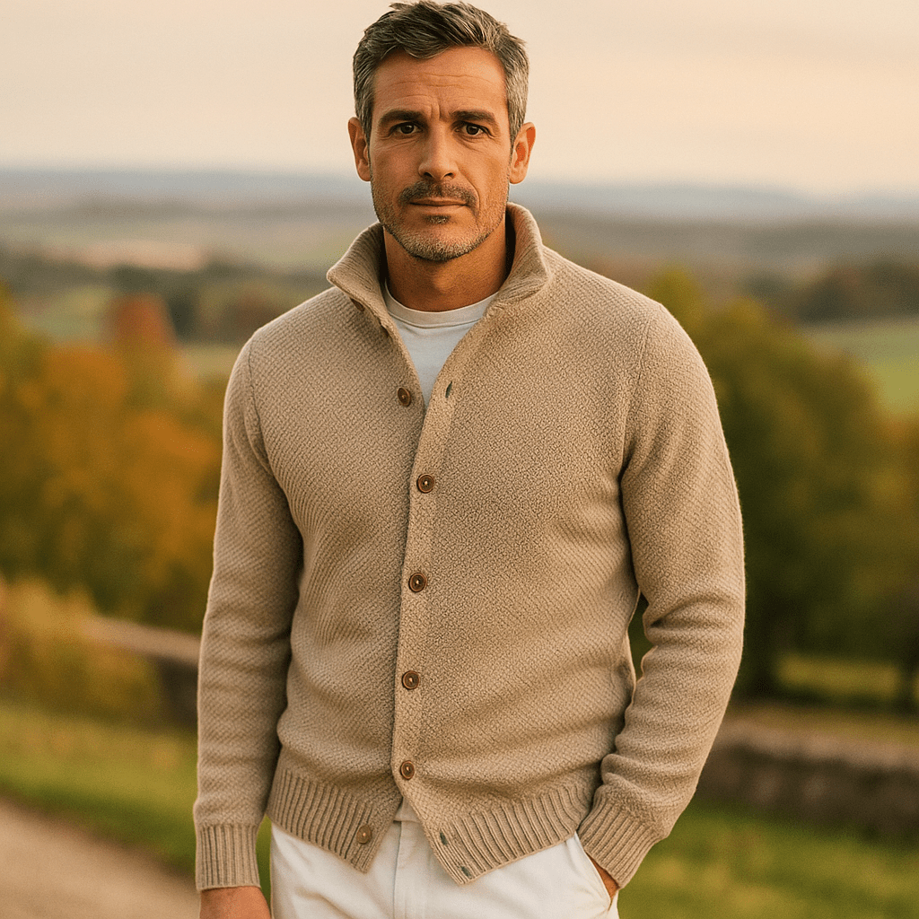 Męski Sweter Wełniany – Slim Fit – Kołnierz na Ramionach – Guziki – Żebrowany Brzeg - vivano - warszawa