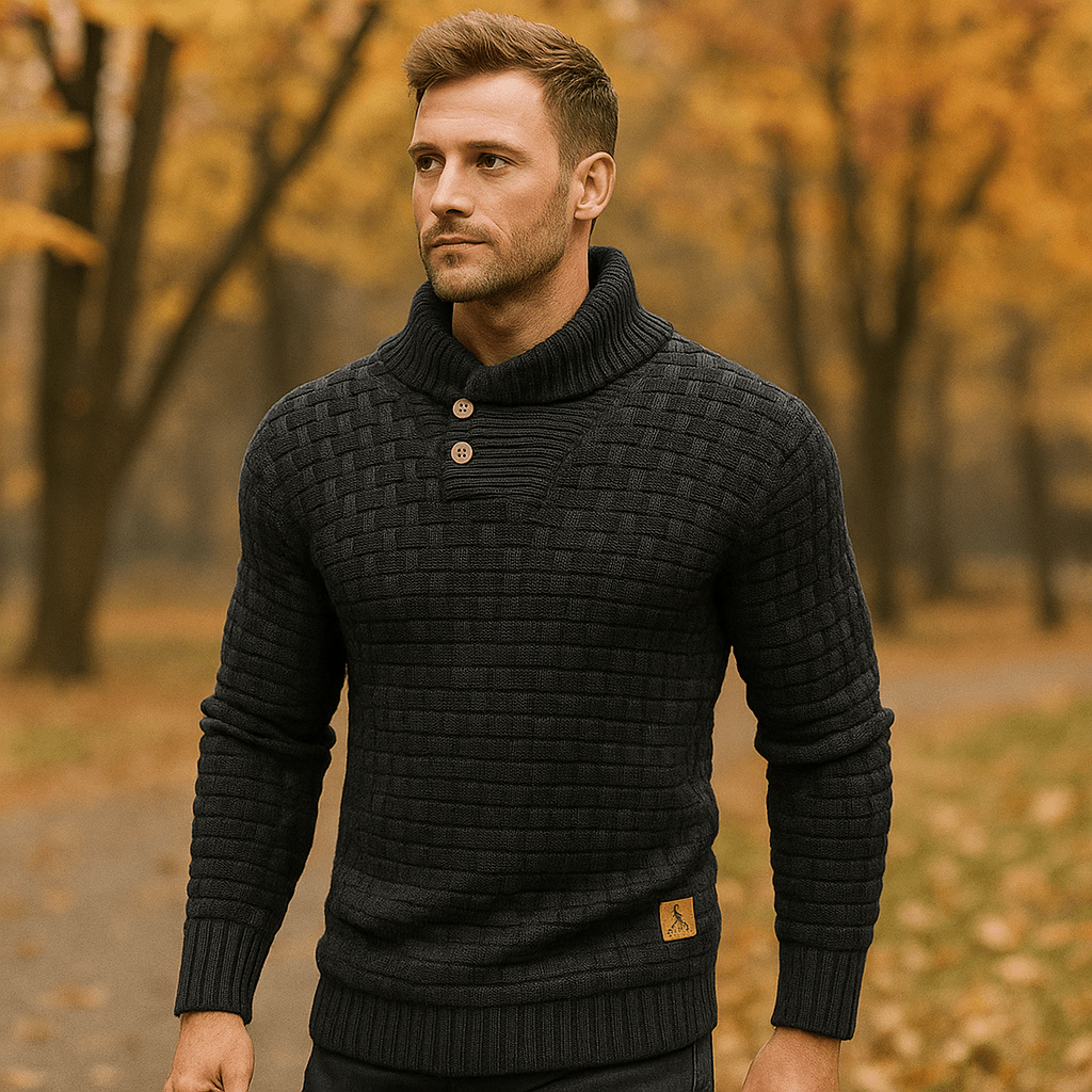 Męski Sweter Włóczkowy – Mieszanka Wełny – Regular Fit – Guzik Luo - vivano - warszawa