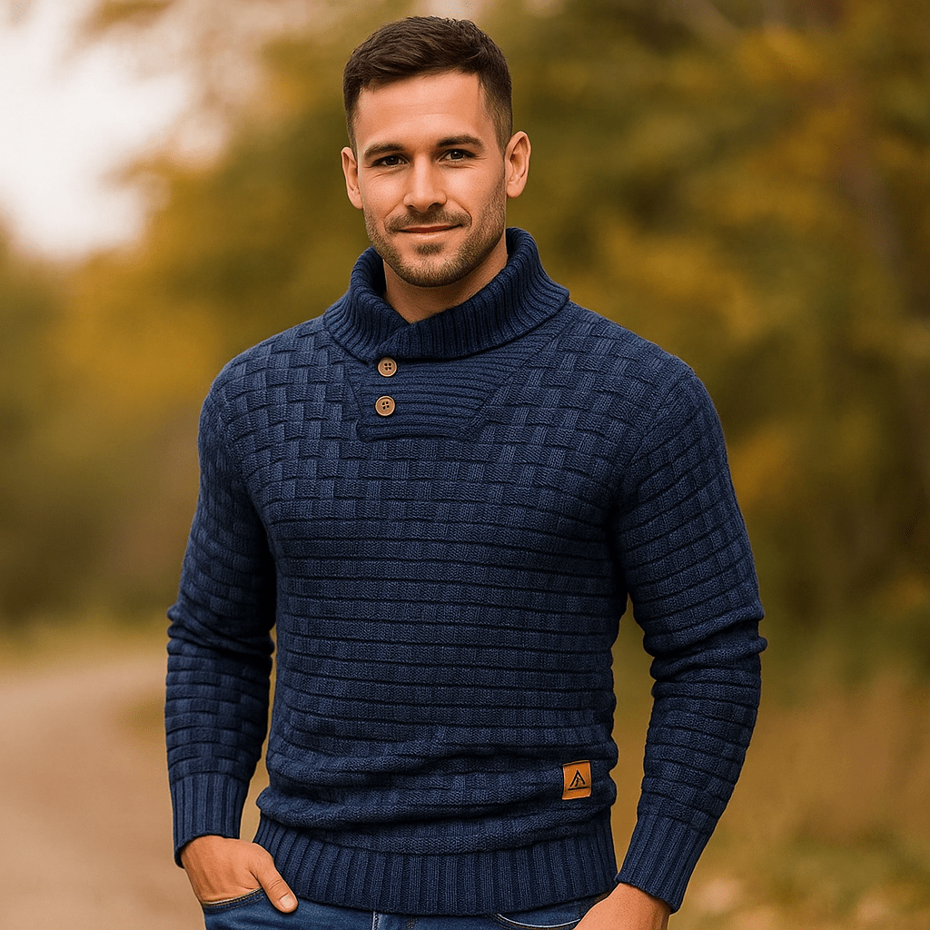 Męski Sweter Włóczkowy – Mieszanka Wełny – Regular Fit – Guzik Luo - vivano - warszawa