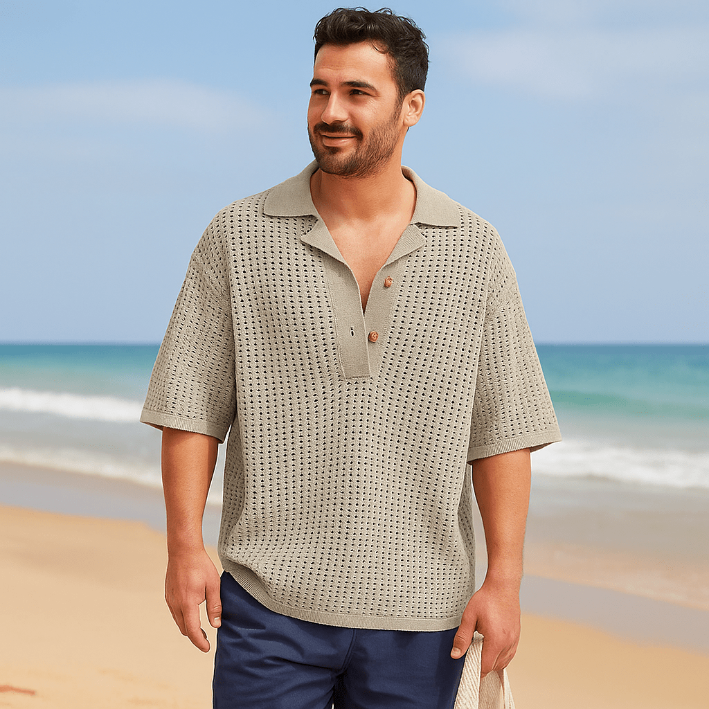 Męski Sweter Włóczkowy – Oversized Pasform – Otwarty Splot – Krótki Rękaw - vivano - warszawa