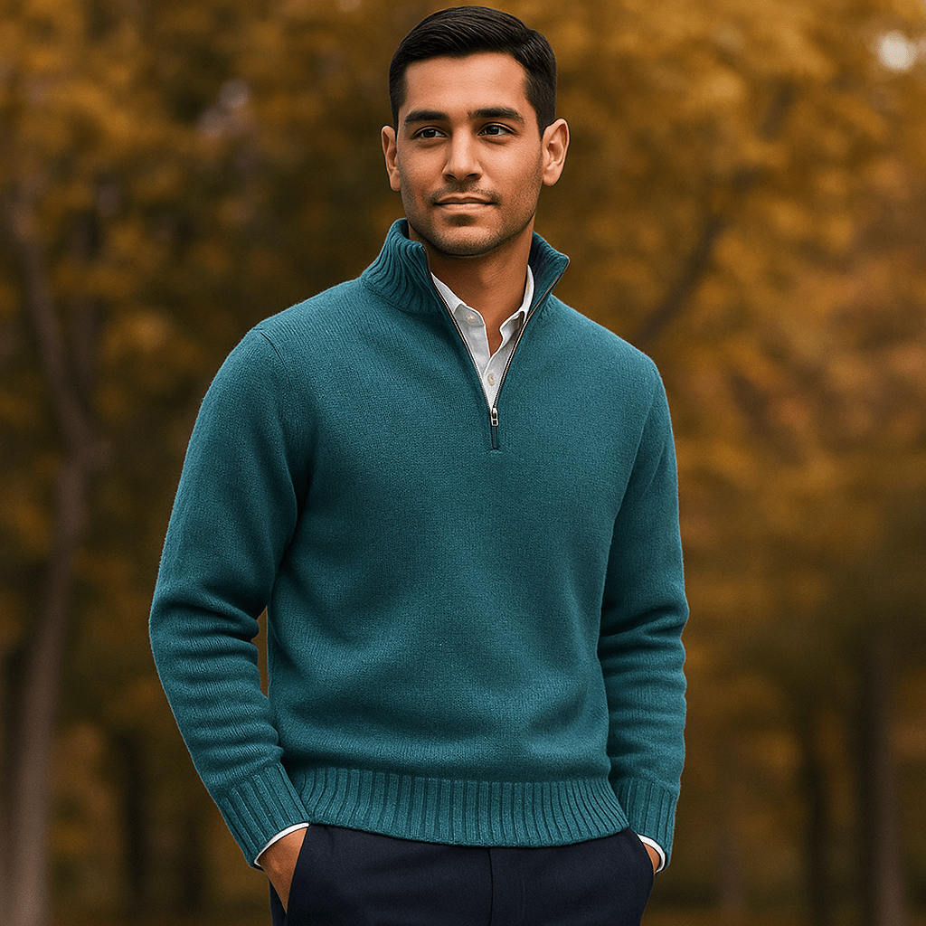 Męski Sweter z Ćwierć Zamkiem - Miękka Dzianina - Wysoki Kołnierz - vivano - warszawa