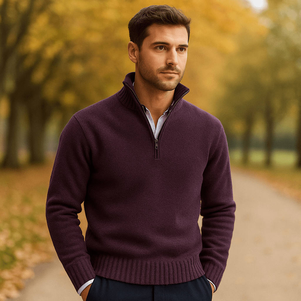 Męski Sweter z Ćwierć Zamkiem - Miękka Dzianina - Wysoki Kołnierz - vivano - warszawa