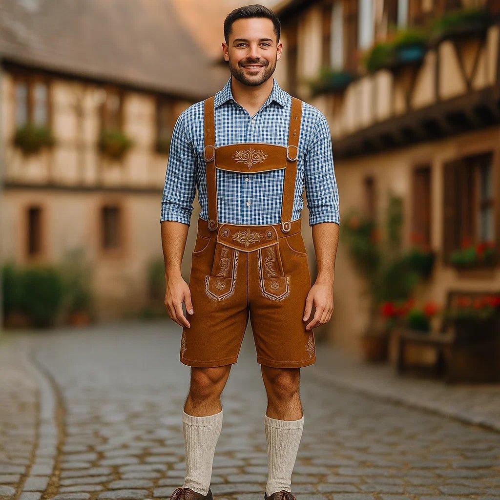 Męskie lederhosen z szelkami i koszulą - vivano - warszawa