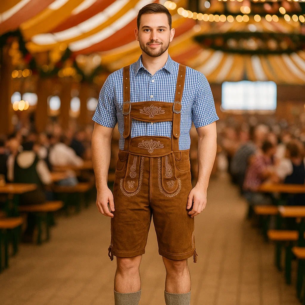 Męskie lederhosen z szelkami i koszulą - vivano - warszawa