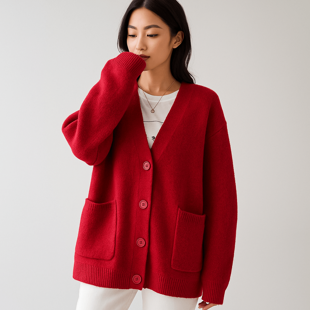 Oversized Miękki Sweter Kardigan - Kieszenie - Komfort Styl - vivano - warszawa