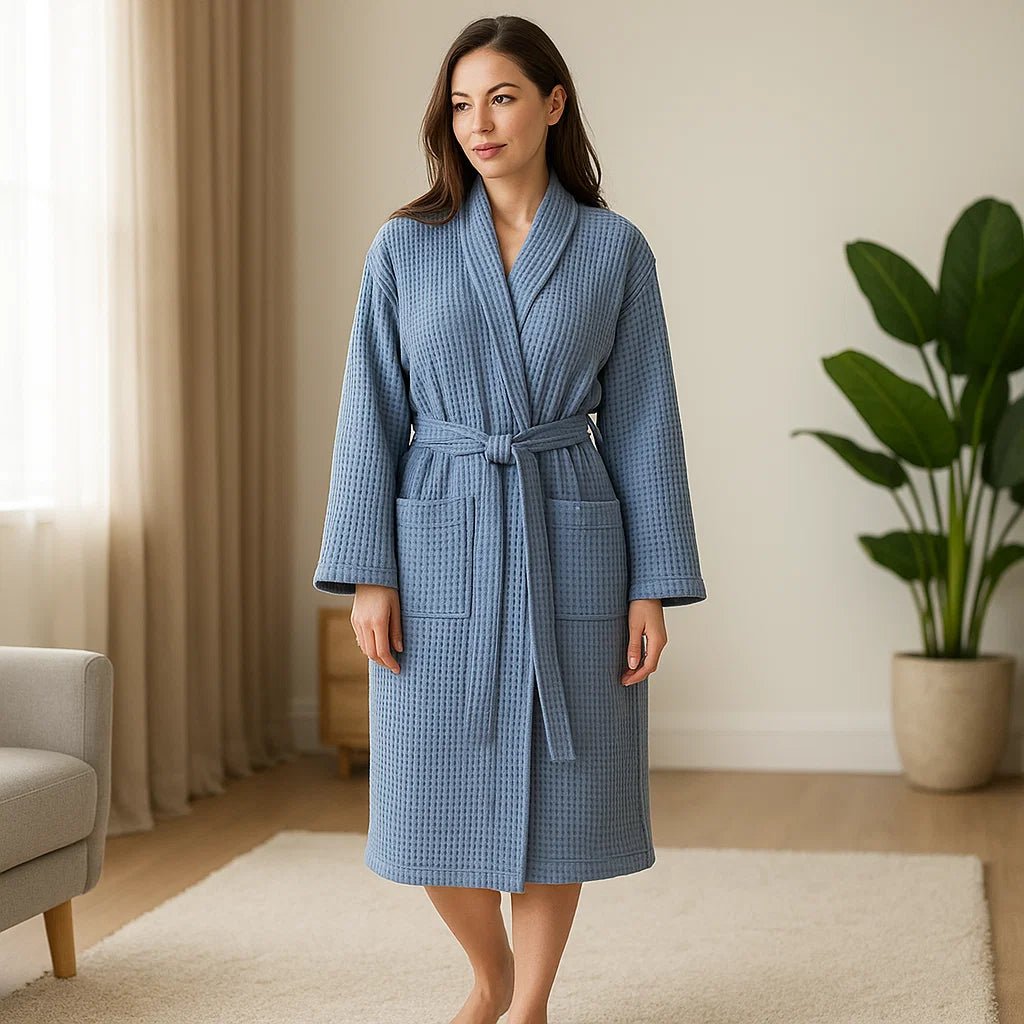 SereneLuxe – Bawełnowy Szlafrok Waflowy z Eleganckim Dekoltem w Kształcie V - vivano - warszawa