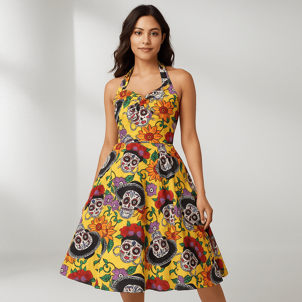 Sukienka Midi Bettina - Wzór Czaszki - Unikalny Styl - vivano - warszawa