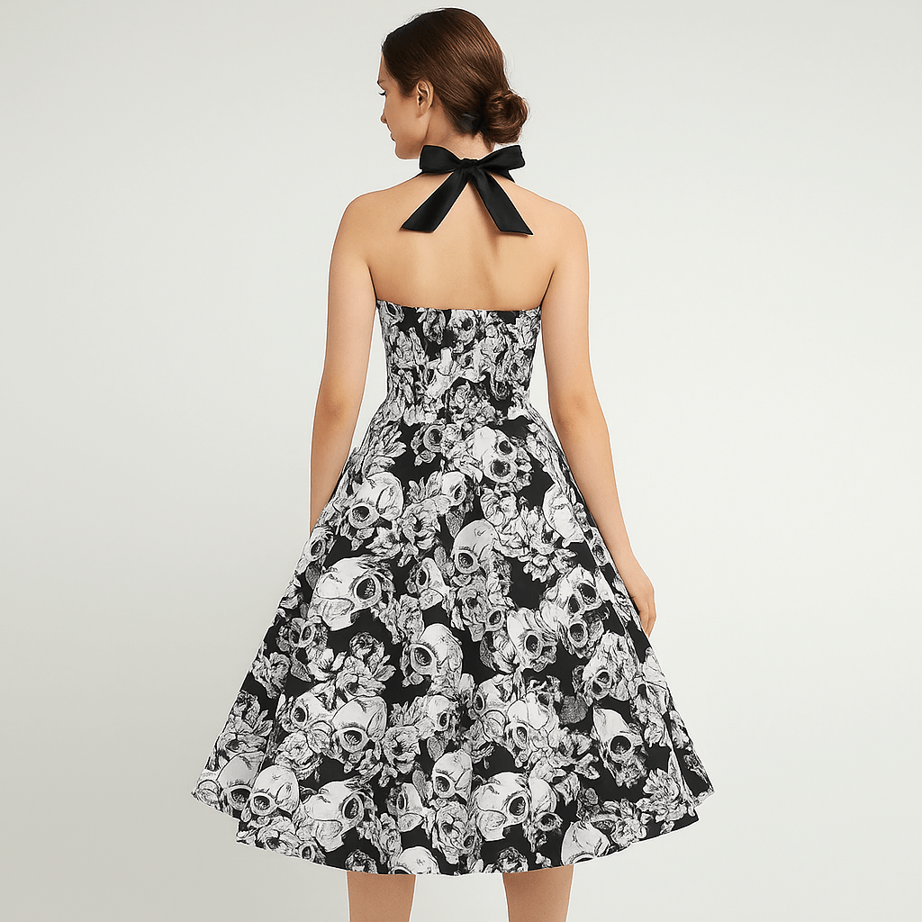 Sukienka Midi Bettina - Wzór Czaszki - Unikalny Styl - vivano - warszawa