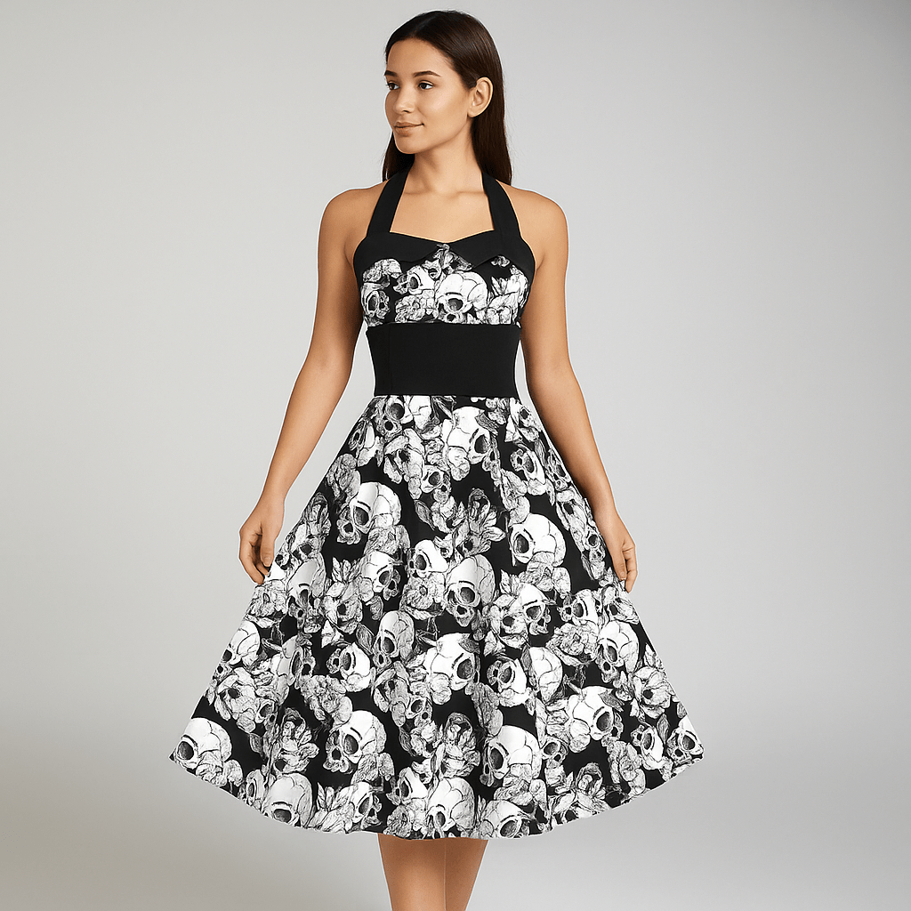 Sukienka Midi Bettina - Wzór Czaszki - Unikalny Styl - vivano - warszawa