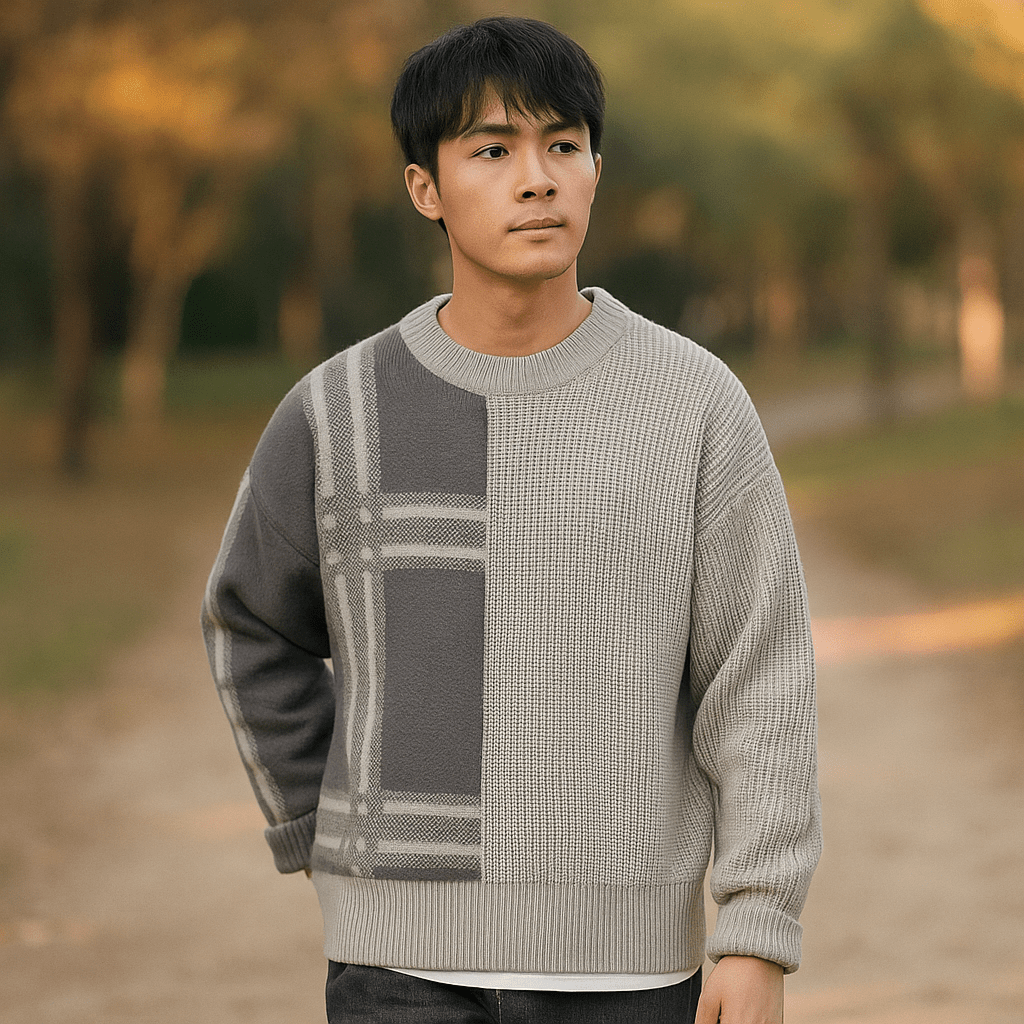 Sweter męski z okrągłym dekoltem – Luźny krój – Mieszanka wełny – Rękawiczki patchworkowe - vivano - warszawa