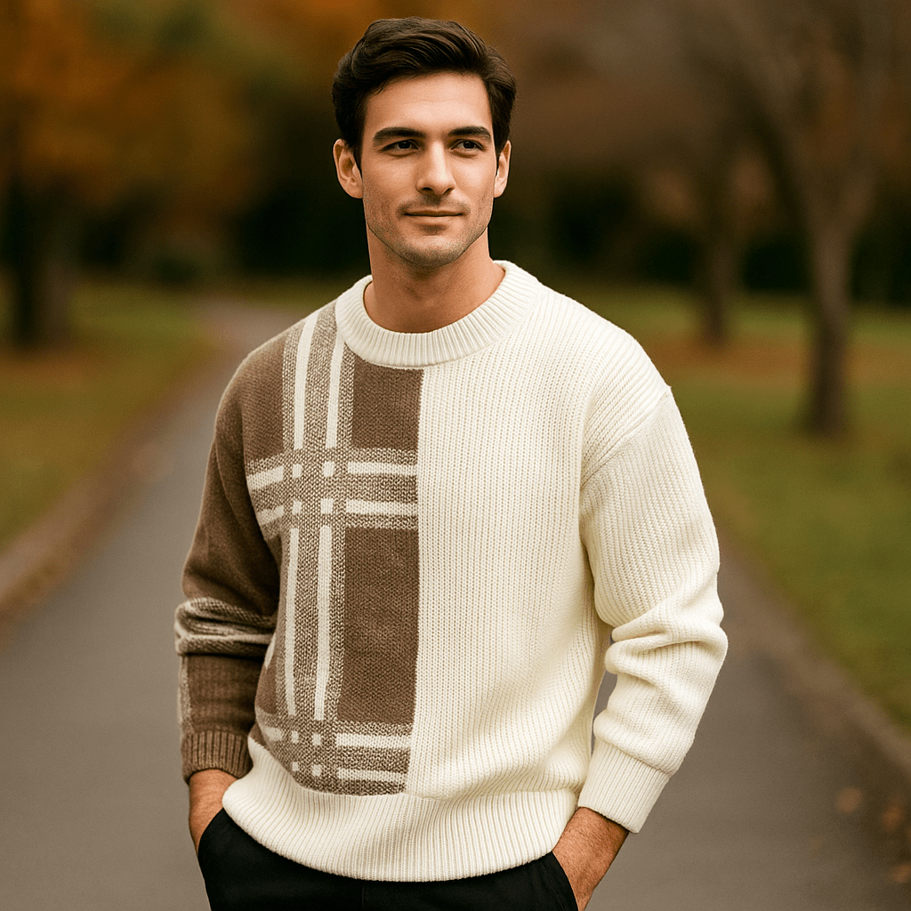 Sweter męski z okrągłym dekoltem – Luźny krój – Mieszanka wełny – Rękawiczki patchworkowe - vivano - warszawa