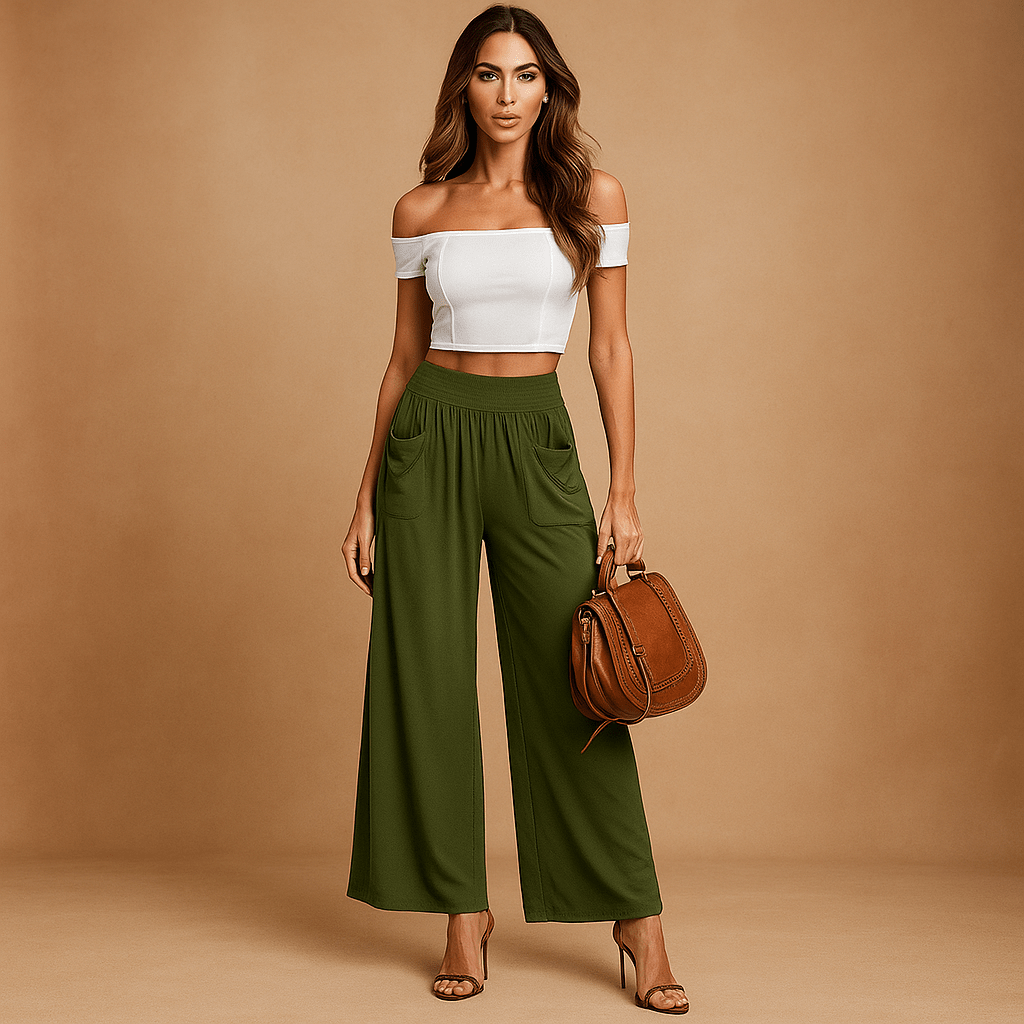 Szerokie spodnie damskie - Elastyczny pas - Boczne kieszenie - vivano - warszawa