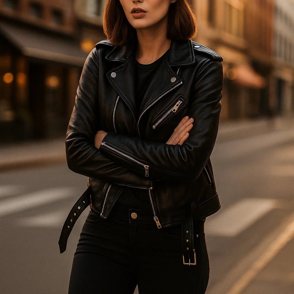 Vintage Damska Kurtka Skórzana z Zamkiem Błyskawicznym