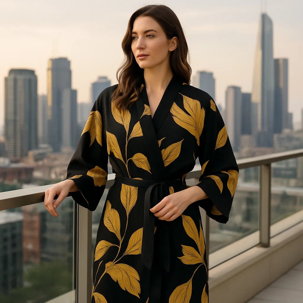 VelvetAura – Elegancki Lekki Szlafrok z Złotymi Akcentami dla Stylowego Relaksu