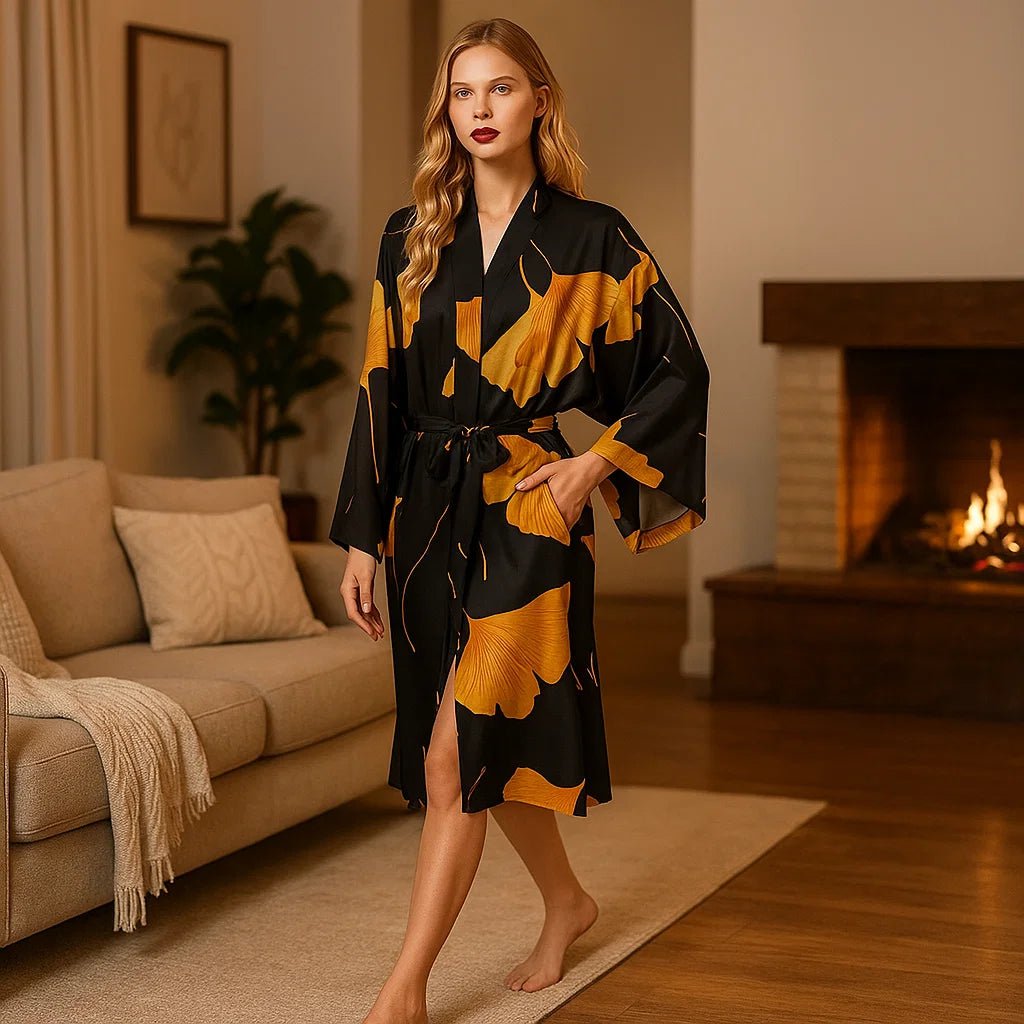 VelvetAura – Elegancki Lekki Szlafrok z Złotymi Akcentami dla Stylowego Relaksu