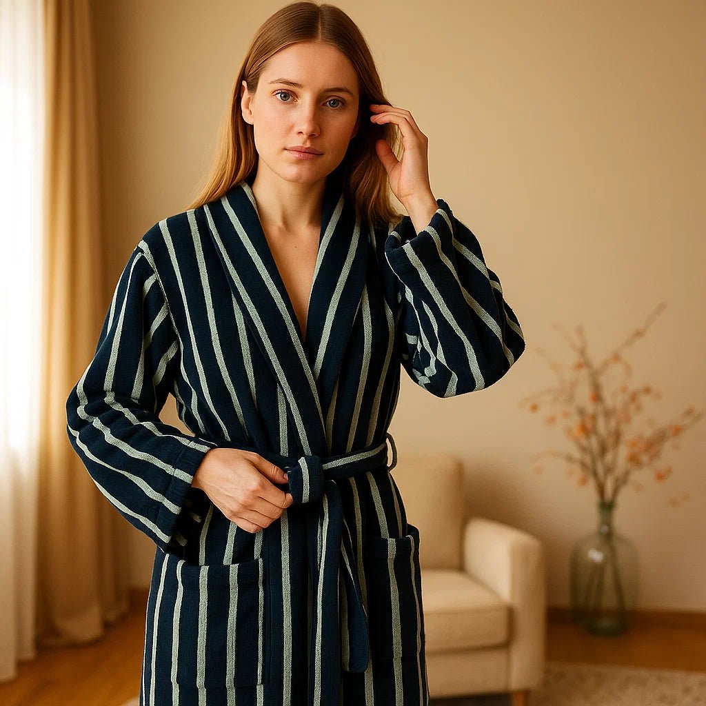 VelvetDawn – Elegancki Szlafrok z Luksusowej Bawełny z Ponadczasowymi Szczegółami w Paski