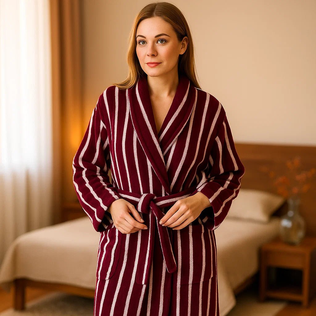 VelvetDawn – Elegancki Szlafrok z Luksusowej Bawełny z Ponadczasowymi Szczegółami w Paski