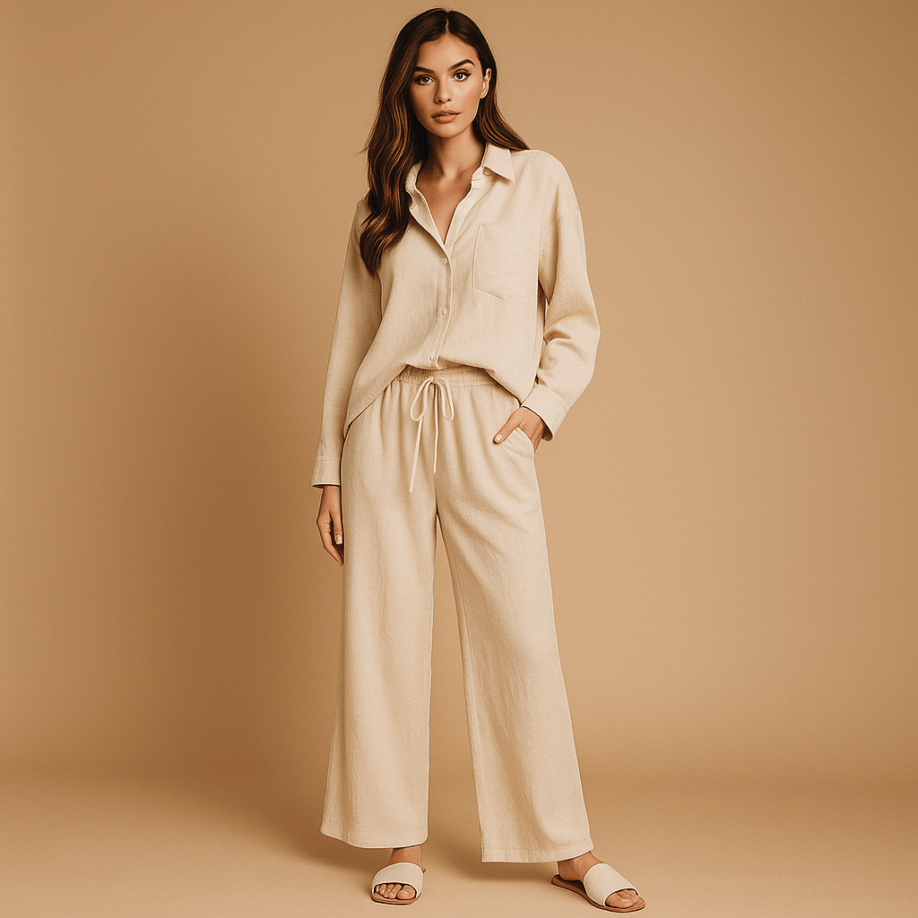 Zestaw - Koszula lniana bawełna - Spodnie wysokim stanem Luo - vivano - warszawa