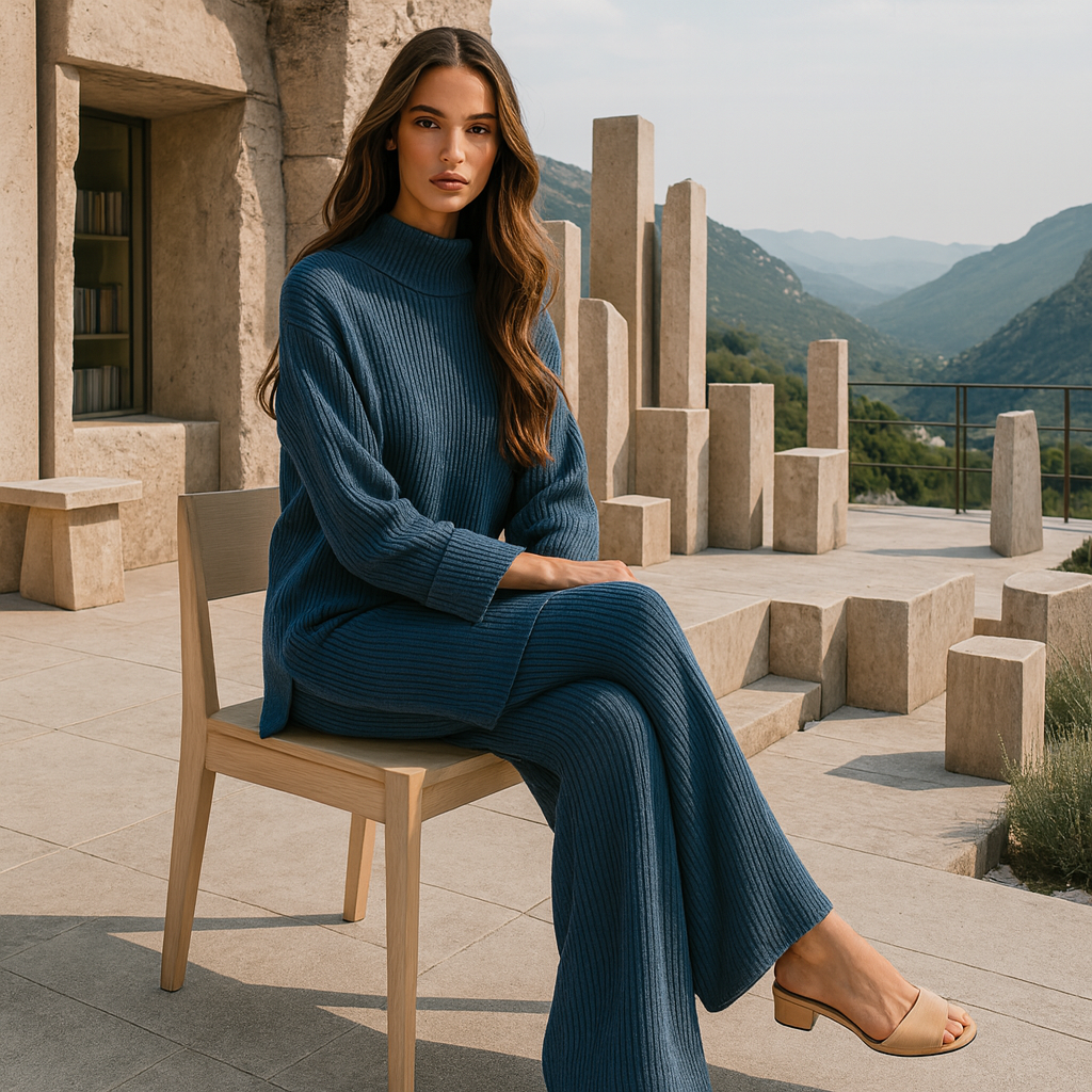 Wygodny komplet casual - dzianinowy sweter - spodnie