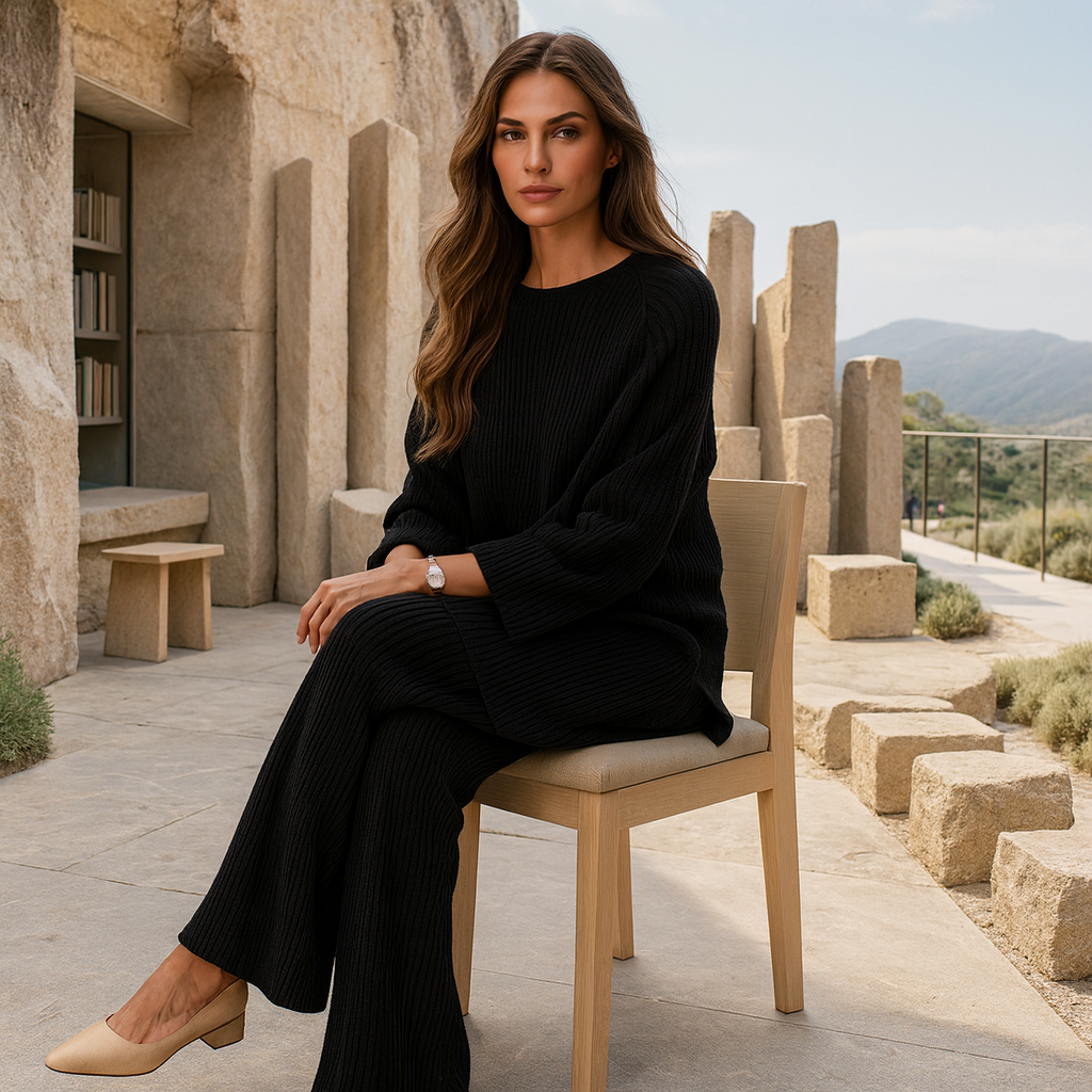 Wygodny komplet casual - dzianinowy sweter - spodnie