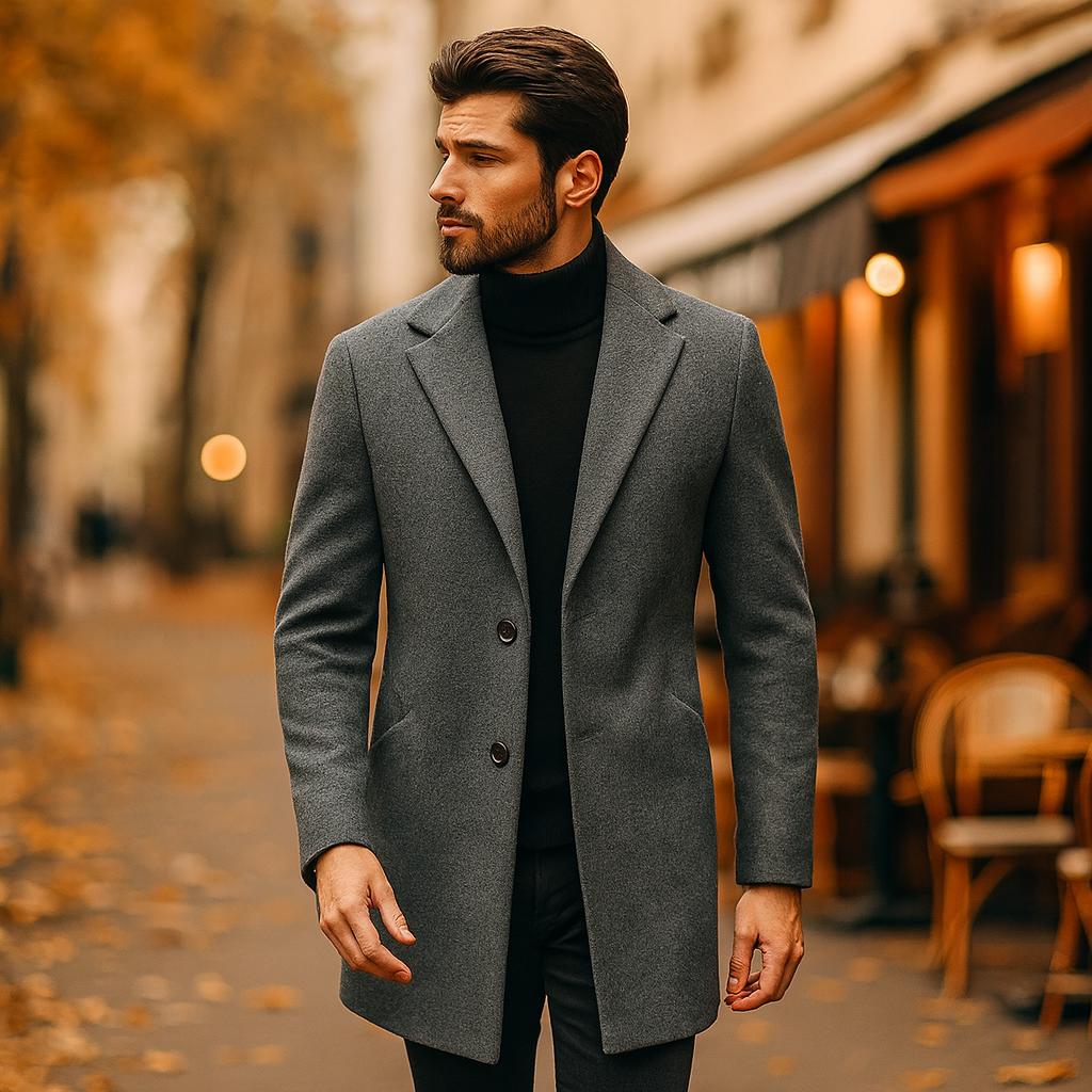 Męski długi płaszcz slim fit z klasycznym kołnierzem