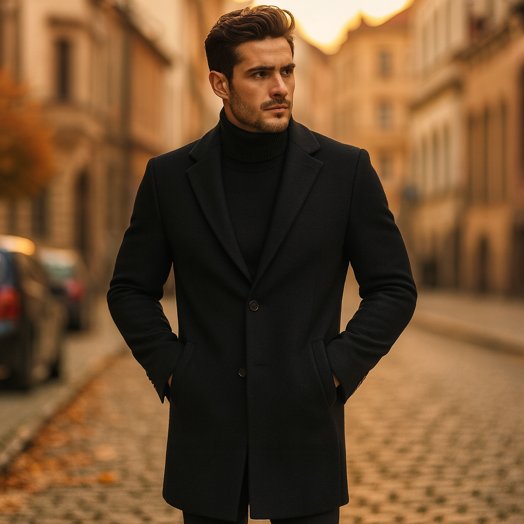 Męski długi płaszcz slim fit z klasycznym kołnierzem