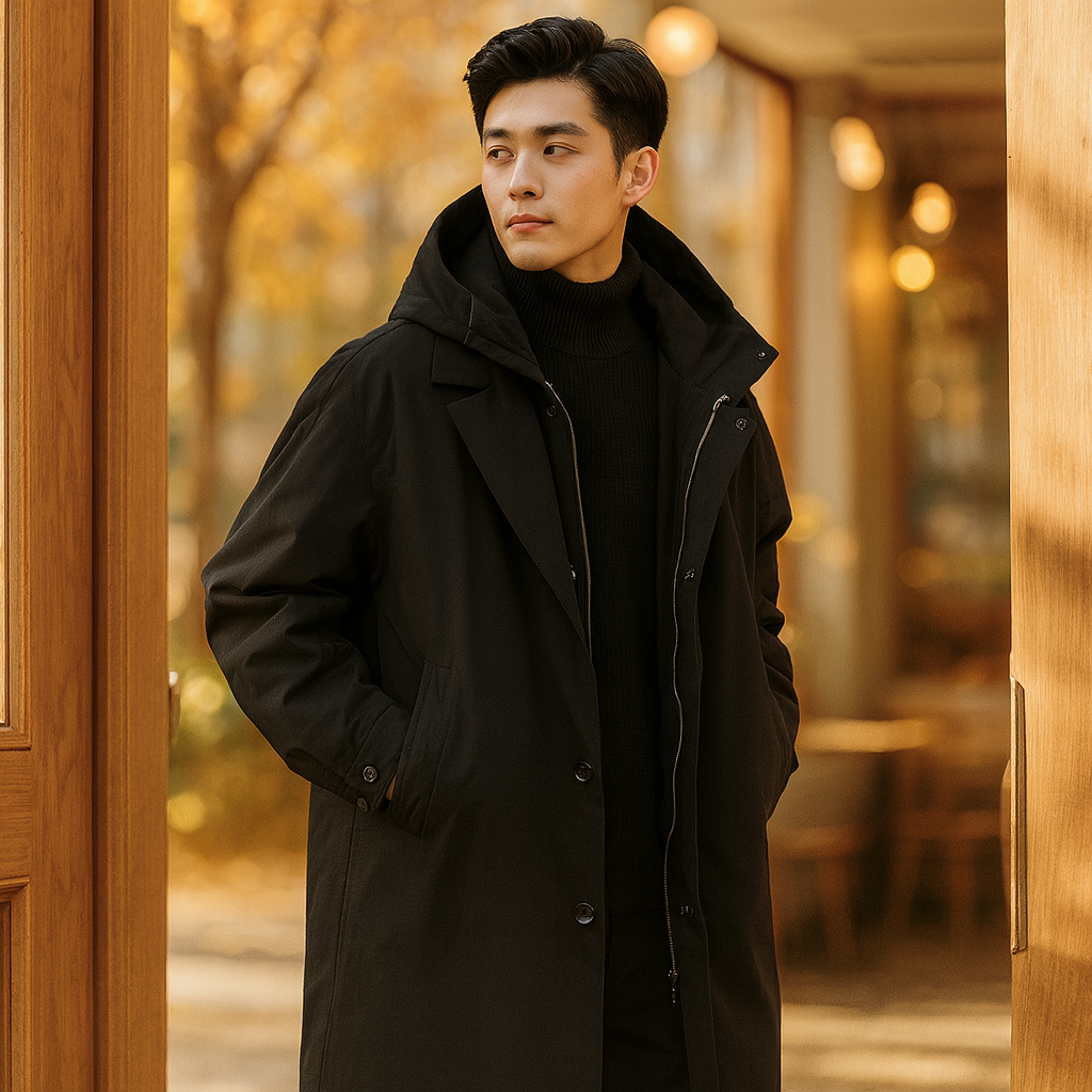 Męski długi wodoodporny puchowy trench z kapturem