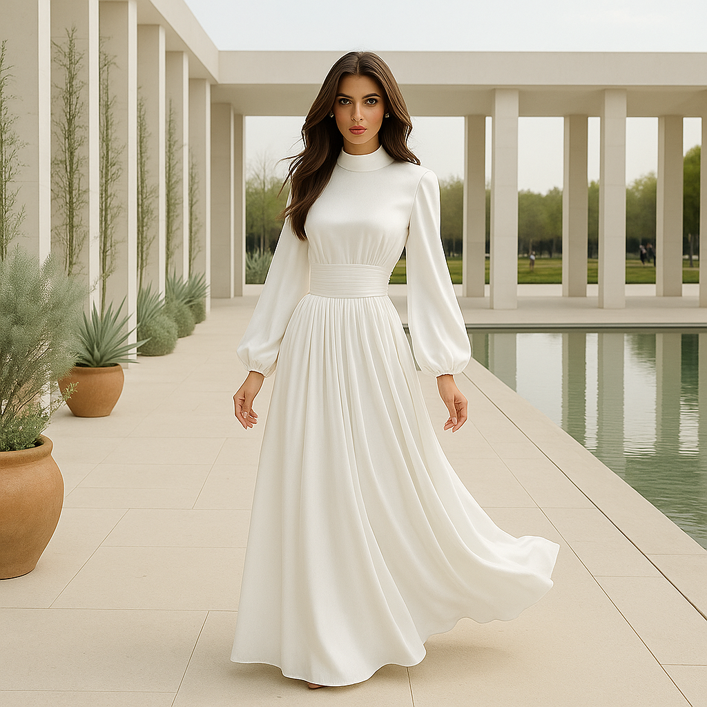 Sukienka wieczorowa maxi z wysokim dekoltem i paskiem