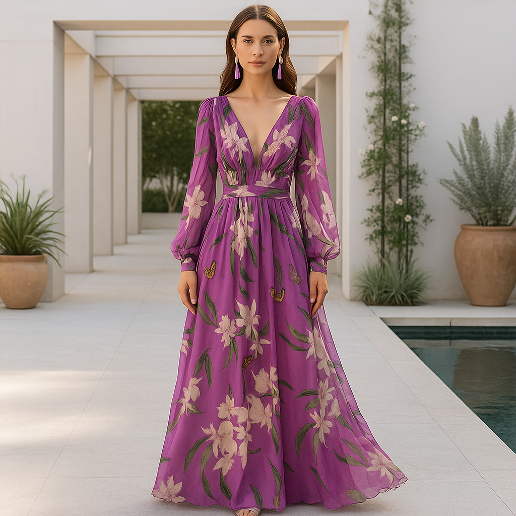 Długa sukienka maxi - chiffon - kwiatowy wzór - dekolt w serek