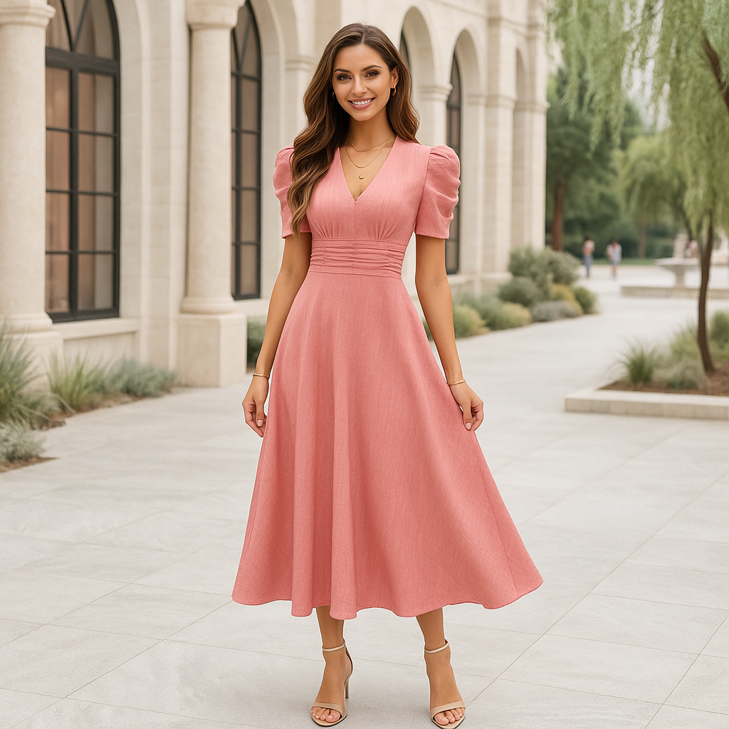 Sukienka wieczorowa maxi z dekoltem w serek i bufkami