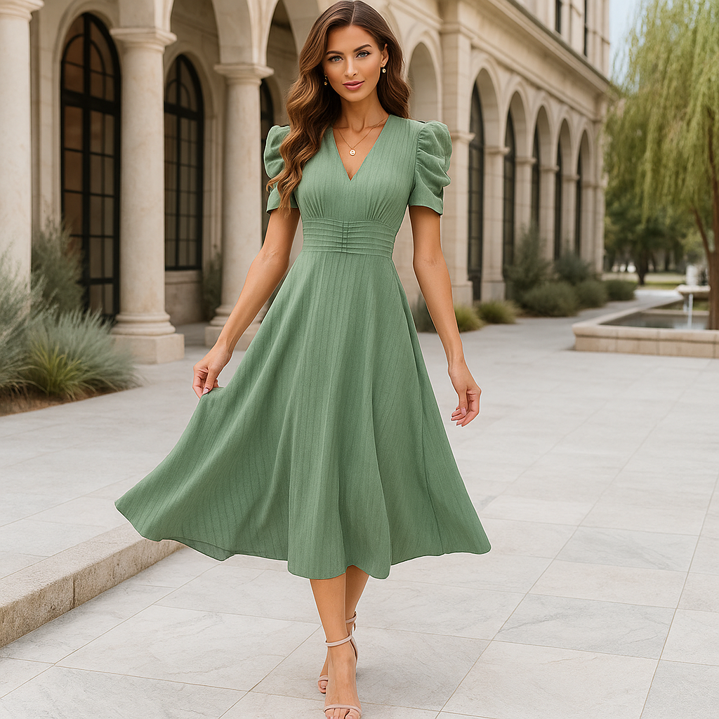 Sukienka wieczorowa maxi z dekoltem w serek i bufkami